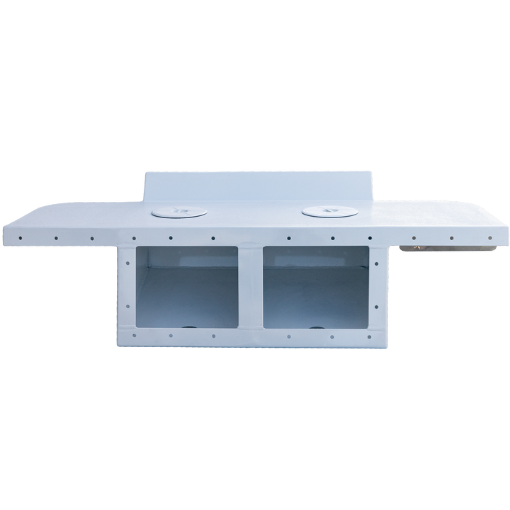 Standard Apex Mk. II Twin Engine Bracket with an -11° transom, featuring a flat surface with two circular mounts and two open compartments below, all in a white finish