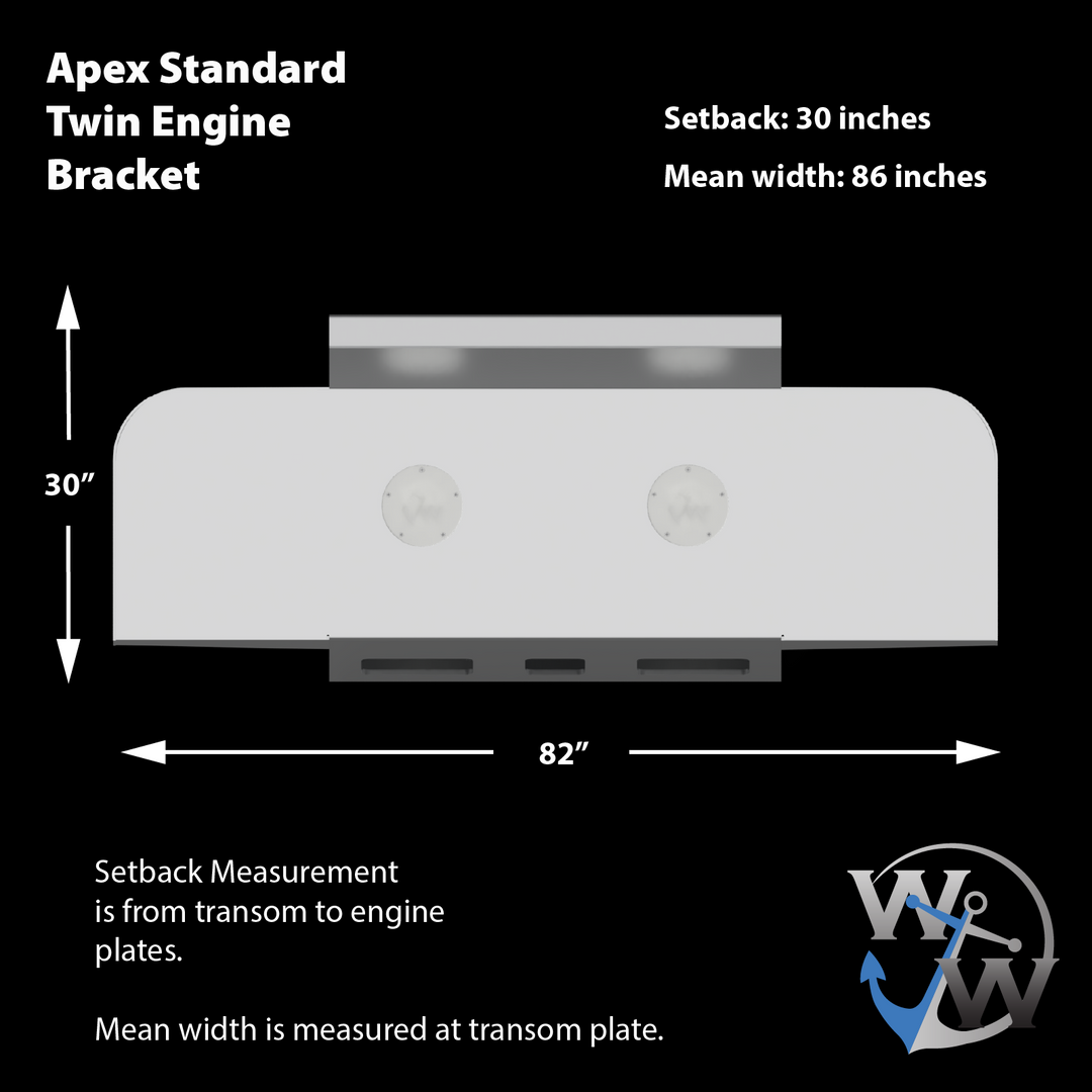 Diagram of the Apex Standard Twin Engine Bracket, featuring a 30-inch setback and a mean width of 86 inches. The bracket measures 30 inches in height and 82 inches in width, with dimensions indicating that the setback is measured from the transom to the engine plates, and the mean width is measured at the transom plate