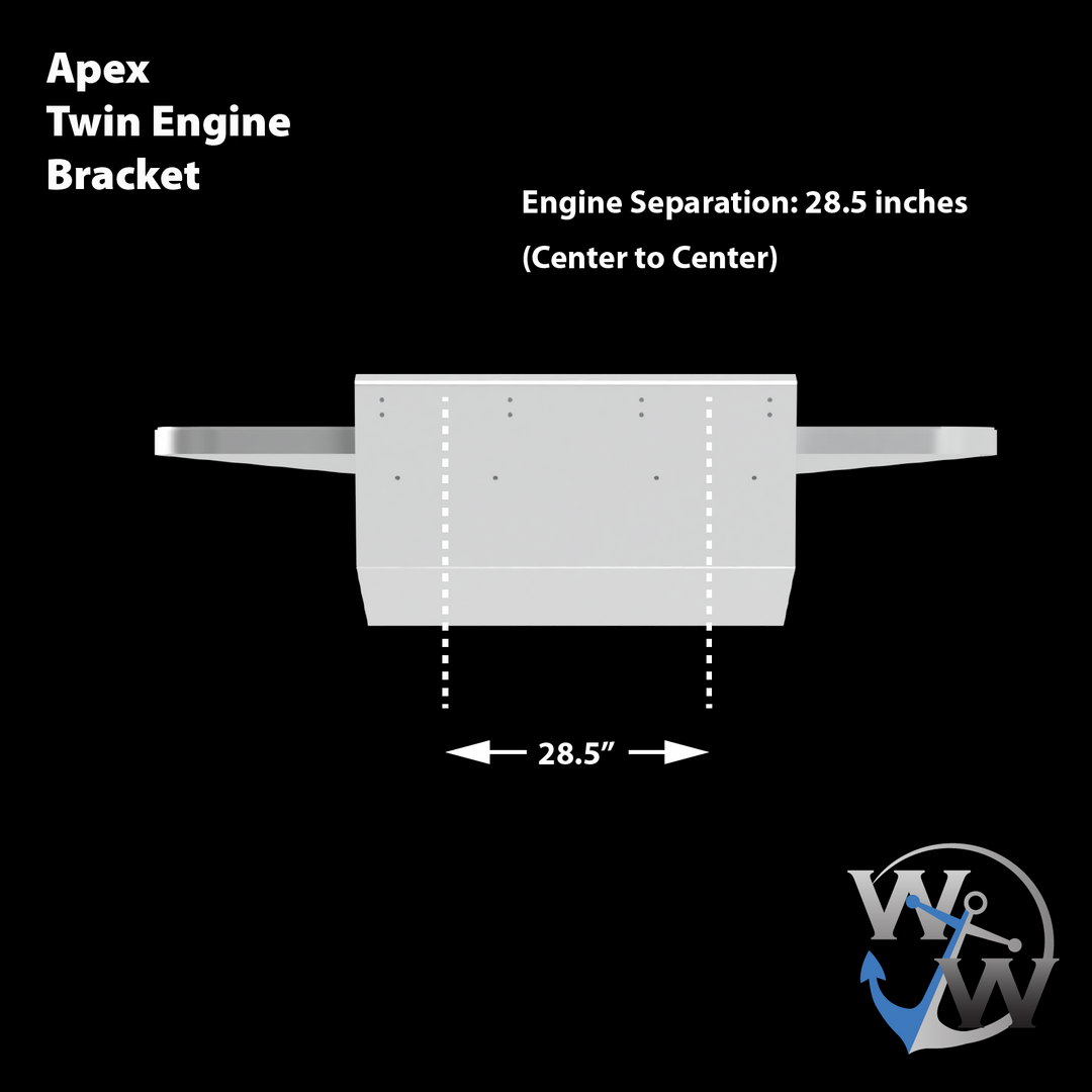 Diagram of the Apex Mk. II Twin Engine Bracket, featuring a flat top view with a transom angle of -15°. The bracket has a width of 28.5 inches between the engine mounts, indicated by dashed lines. The design is labeled "Apex Twin Engine Bracket" at the top, with a logo in the bottom right corner