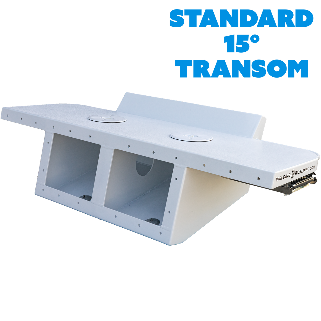 Image of a Standard Apex Mk. II Twin Engine Bracket designed for a -15° transom. The bracket is white and features two circular cutouts on the top surface, with the text "STANDARD 15° TRANSOM" displayed prominently in blue above it. The background is transparent