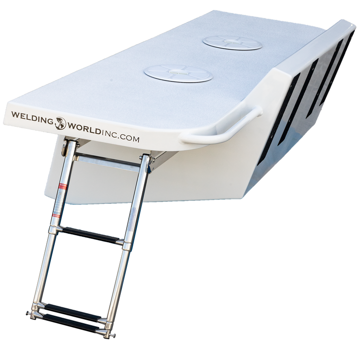 Standard Apex Mk. II Twin Engine Bracket with a -16° transom, featuring a sleek white design and a stainless steel ladder for easy access. The bracket includes two circular cutouts and is branded with "Welding World Inc." on the front