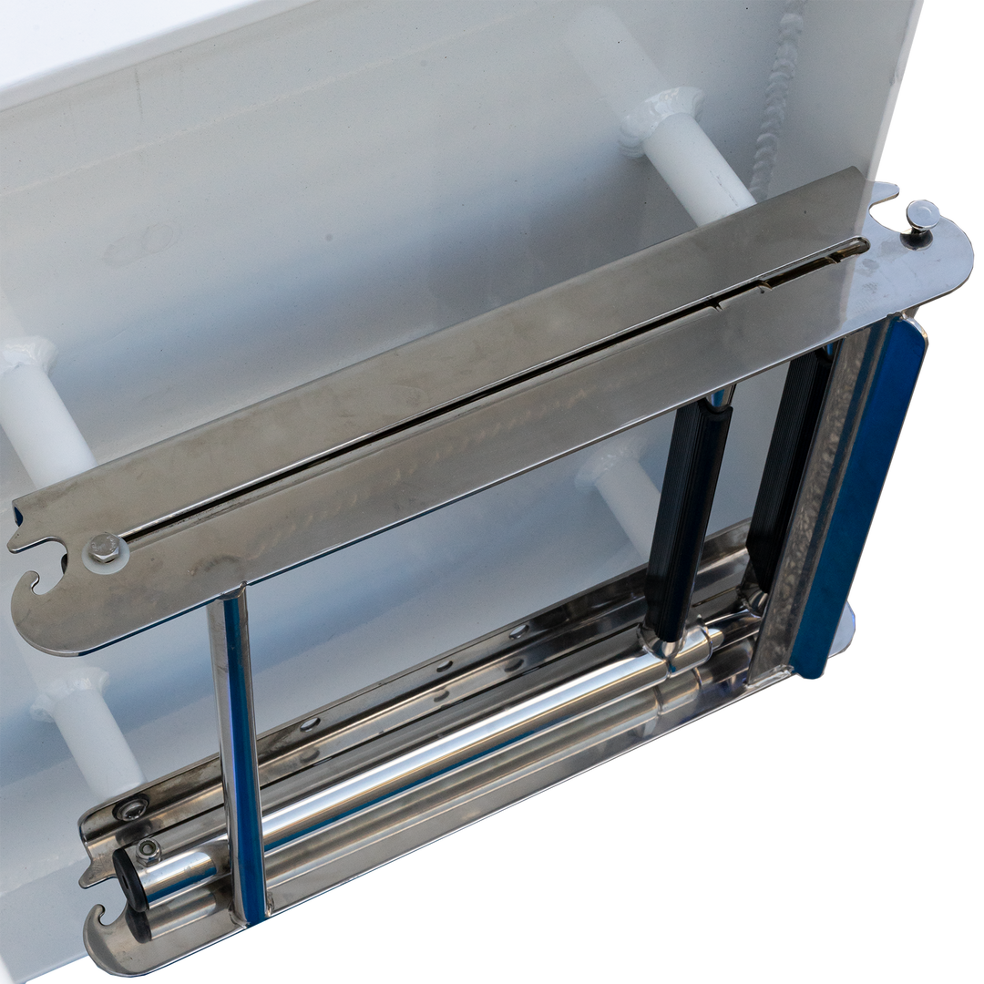 A close-up view of the Standard Apex Mk. II Twin Engine Bracket, featuring a -16° transom angle. The bracket is made of polished stainless steel with a sleek design, showcasing its mounting mechanism and adjustable components