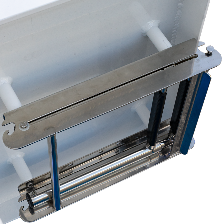 A close-up view of the Standard Apex Mk. II Twin Engine Bracket, featuring a -16° transom angle. The bracket is made of polished stainless steel with a sleek design, showcasing its mounting mechanism and adjustable components