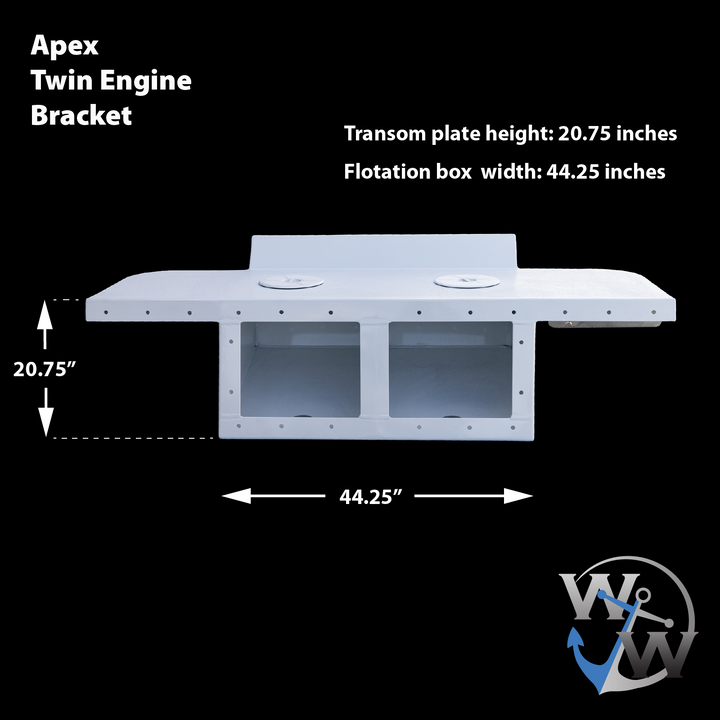 Image of the Apex Mk. II Twin Engine Bracket, designed for a -16° transom. The bracket features a transom plate height of 20.75 inches and a flotation box width of 44.25 inches. The bracket is shown in a white finish against a black background