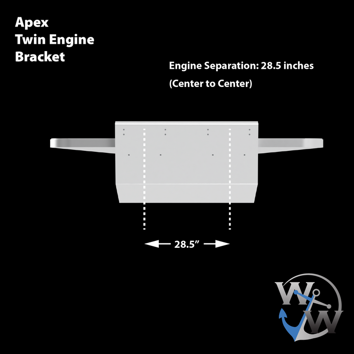 Diagram of the Apex Mk. II Twin Engine Bracket, featuring a -16° transom angle. The image shows a top view of the bracket with a specified engine separation of 28.5 inches (center to center). The bracket is depicted in white against a black background