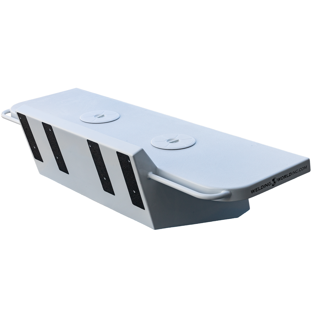 A white Apex Mk. II twin engine bracket designed for a -16° transom, featuring three ventilation slots and a handle on each side. The bracket is shown against a transparent background, highlighting its sleek design and functional features