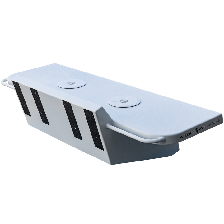 A white Apex Mk. II twin engine bracket designed for a -16° transom, featuring three ventilation slots and a handle on each side. The bracket is shown against a transparent background, highlighting its sleek design and functional features