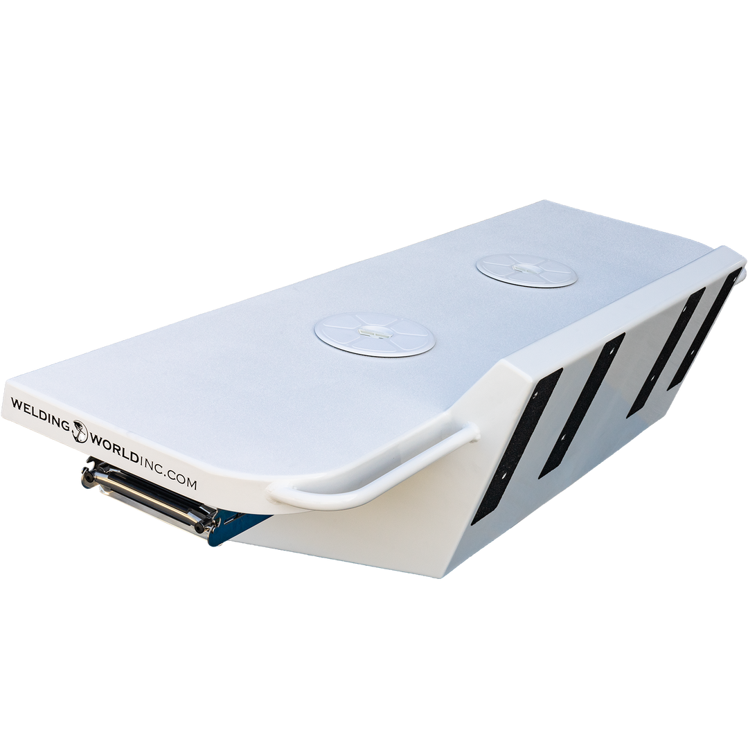 Standard Apex Mk. II Twin Engine Bracket designed for a -16° transom, featuring a sleek white finish with three circular cutouts and ventilation slits, showcasing the logo "Welding World NC" on the side