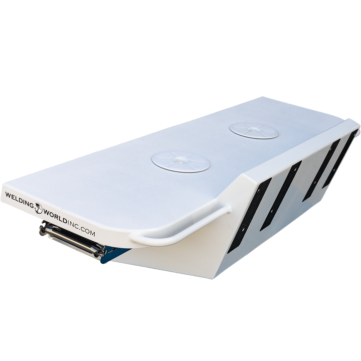 Standard Apex Mk. II Twin Engine Bracket designed for a -16° transom, featuring a sleek white finish with three circular cutouts and ventilation slits, showcasing the logo "Welding World NC" on the side