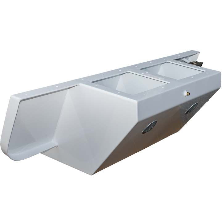 A white Standard Apex Mk. II Twin Engine Bracket designed for a -16° transom, featuring a sleek, angled shape with cutouts and a smooth surface, set against a transparent background