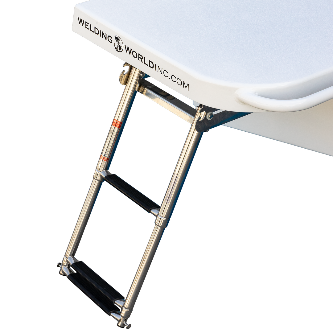 Standard Apex Mk. II Twin Engine Bracket with a -16° transom angle, featuring a sturdy aluminum ladder with non-slip steps and a branded top surface displaying "Welding World Inc