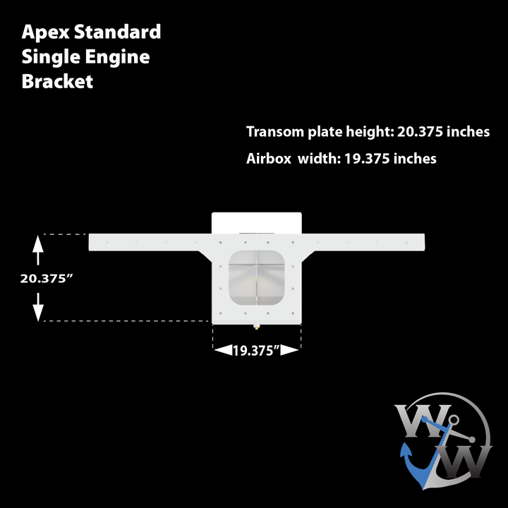 Diagram of the Apex Standard Single Engine Bracket featuring a transom plate height of 20.375 inches and an airbox width of 19.375 inches. The bracket is shown in a simplified silhouette format with measurement annotations