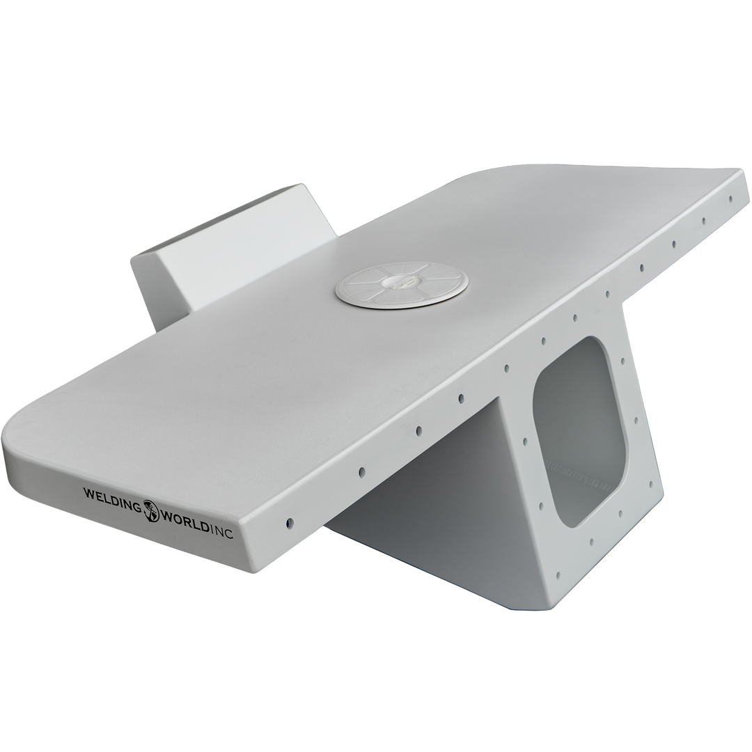 A white Apex Single Engine 16° Transom Bracket with a circular cutout and a rectangular opening, featuring the logo "WELDING WORLD INC" on the side. The bracket has a sleek design and is shown against a transparent background