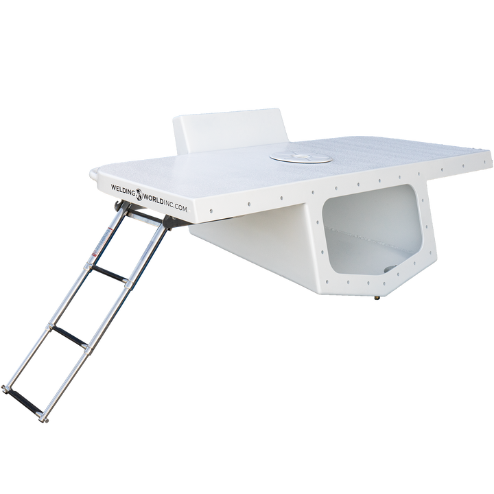 A high flotation single outboard engine bracket designed for a 12° transom, featuring a sturdy white platform with a circular cutout and a silver ladder attached to the side. The bracket is made of durable materials, suitable for marine use