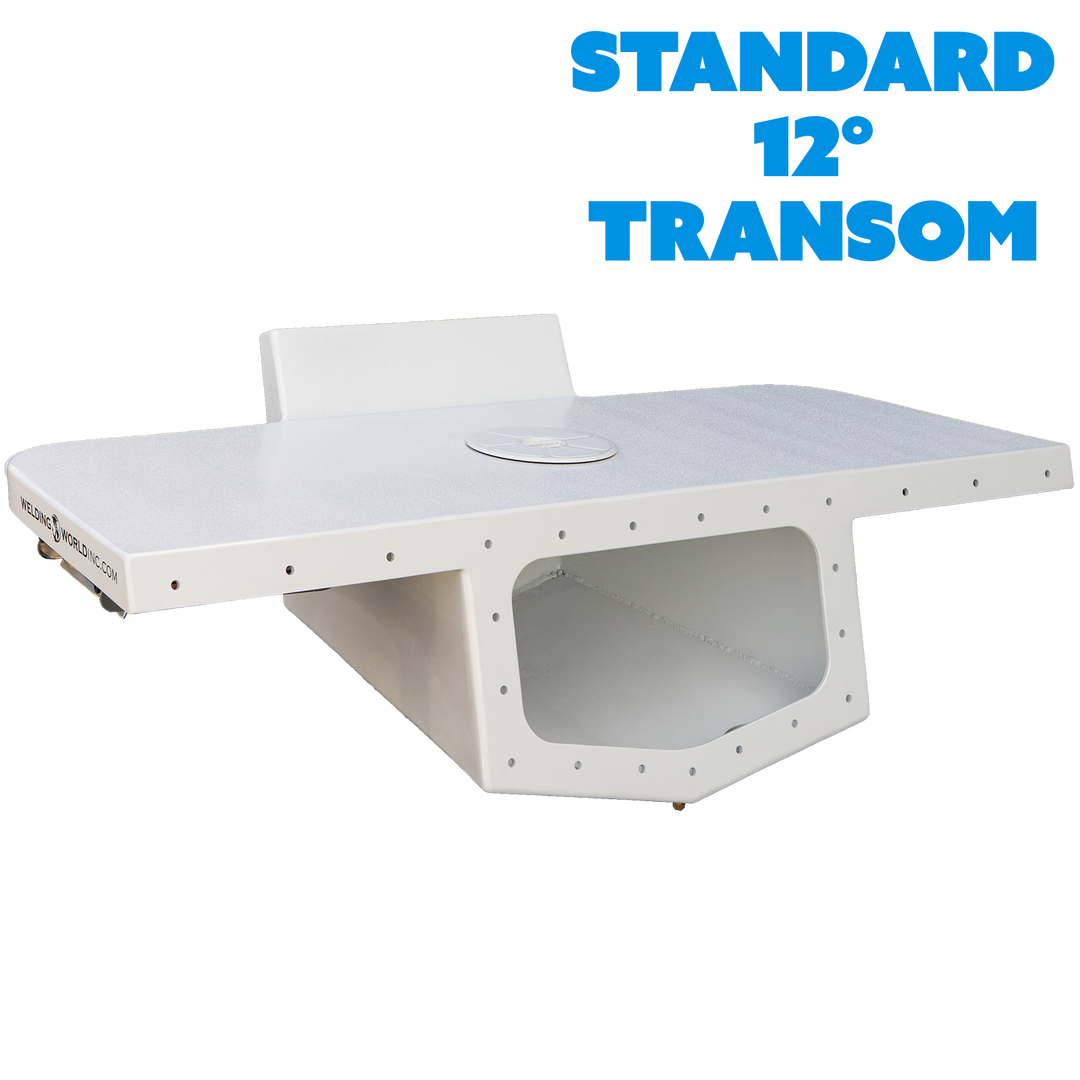 A standard high flotation single outboard engine bracket designed for a 12° transom, featuring a flat surface with a circular cutout and a white finish. The bracket is displayed against a transparent background, with the text "STANDARD 12° TRANSOM" prominently featured above it