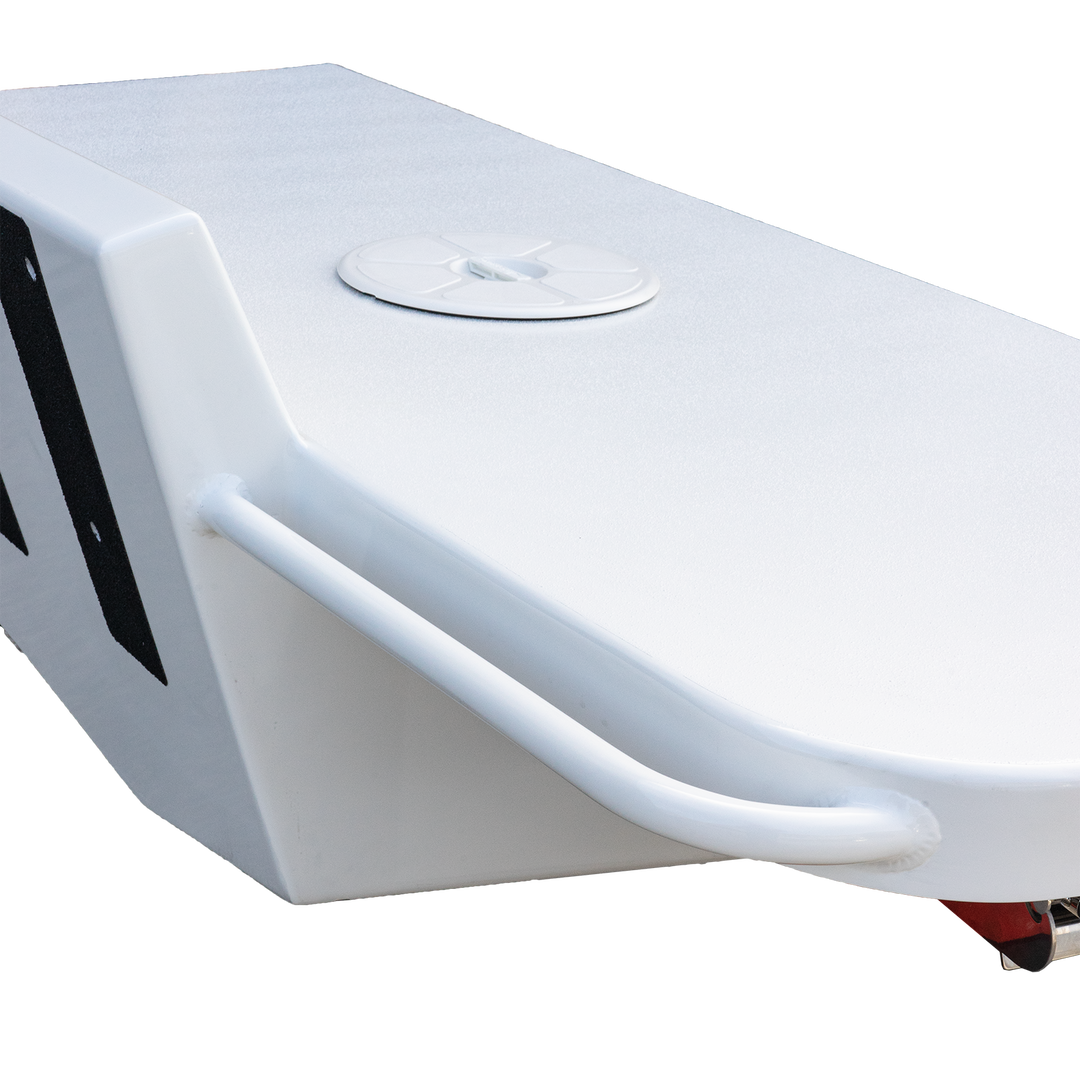 A close-up view of a standard high flotation single outboard engine bracket designed for a 12° transom, featuring a smooth white surface and a circular access plate on top, with a curved handle on the side