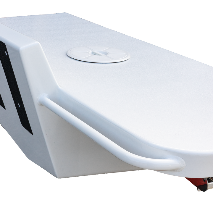 A close-up view of a standard high flotation single outboard engine bracket designed for a 12° transom, featuring a smooth white surface and a circular access plate on top, with a curved handle on the side