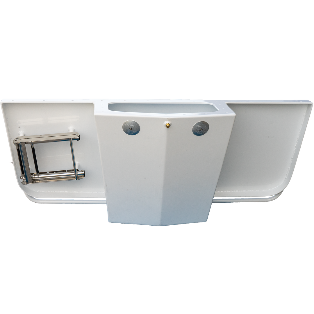 A white high flotation single outboard engine bracket designed for a 13° transom, shown from a top-down view. The bracket has a rectangular opening in the center, with two circular mounting points on the front side, and a metal component on the left side. The background is transparent