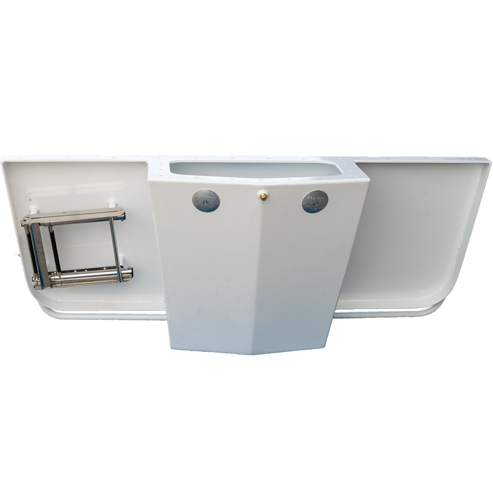 A white high flotation single outboard engine bracket designed for a 13° transom, shown from a top-down view. The bracket has a rectangular opening in the center, with two circular mounting points on the front side, and a metal component on the left side. The background is transparent
