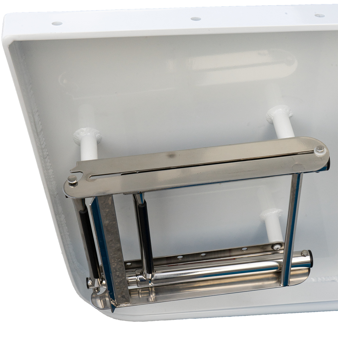 A close-up of a white boat transom with a metal high flotation single outboard engine bracket attached at a 13° angle. The bracket is mounted on the transom and features a horizontal support bar with vertical rods, designed to hold an outboard motor. The background is transparent