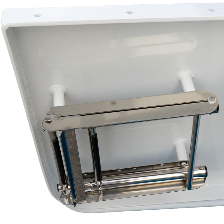 A close-up of a white boat transom with a metal high flotation single outboard engine bracket attached at a 13° angle. The bracket is mounted on the transom and features a horizontal support bar with vertical rods, designed to hold an outboard motor. The background is transparent