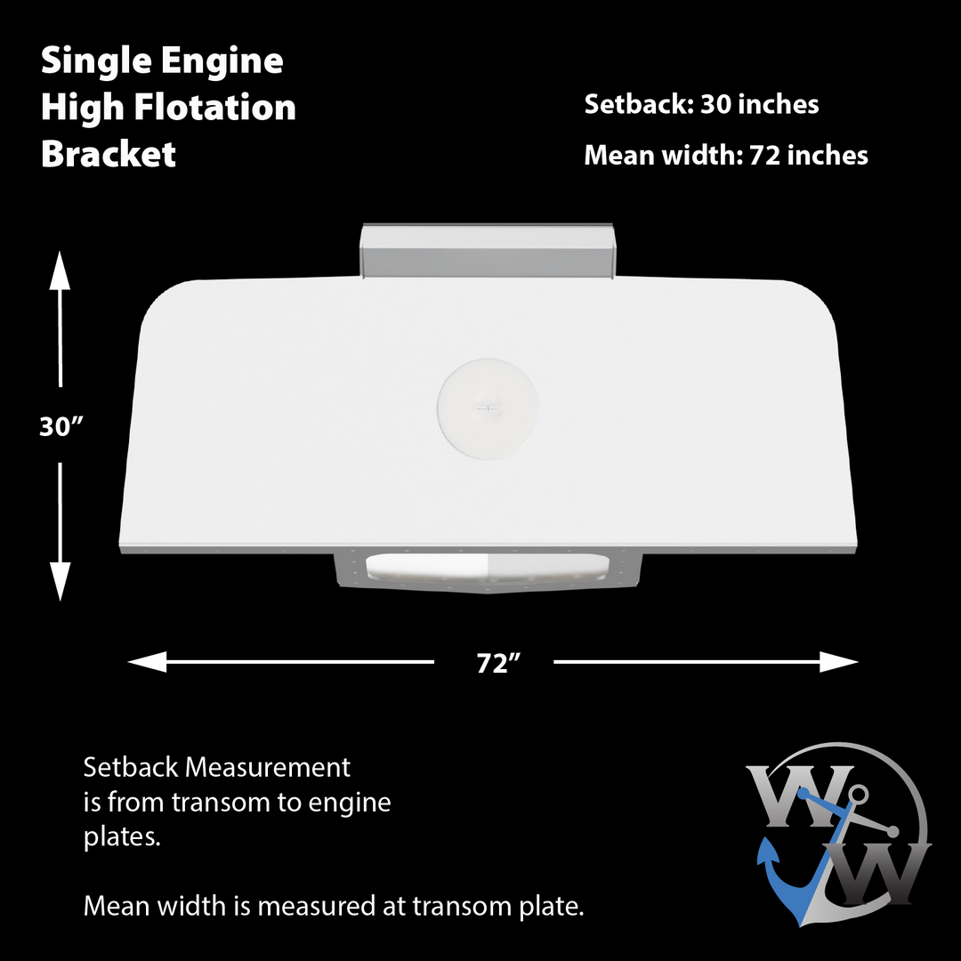 A diagram of a single engine high flotation bracket for a 13° transom. The bracket measures 30 inches in height and 72 inches in width. The diagram indicates a setback of 30 inches from the transom to the engine plates, with the mean width measuring 72 inches at the transom plate. Text notes specify that setback measurement is from transom to engine plates and the mean width is measured at the transom plate. The diagram includes a logo with an anchor and the letters "W" and "V" in the bottom right corner