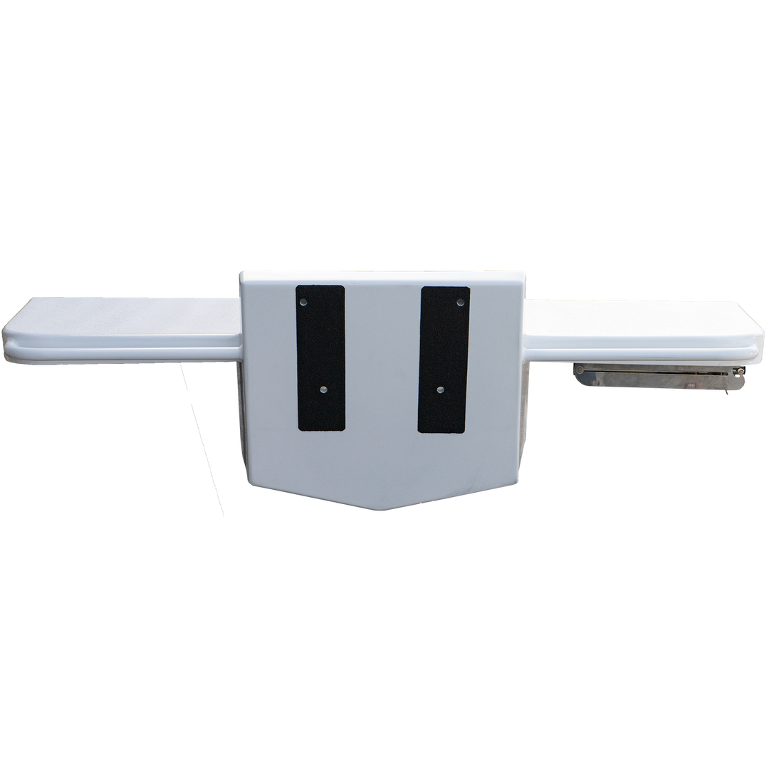 A white high flotation single outboard engine bracket designed for a 13° transom, shown from a top-down view. The bracket has a central rectangular section with two black mounting strips, and extended arms on either side. The background is a transparent checkered pattern