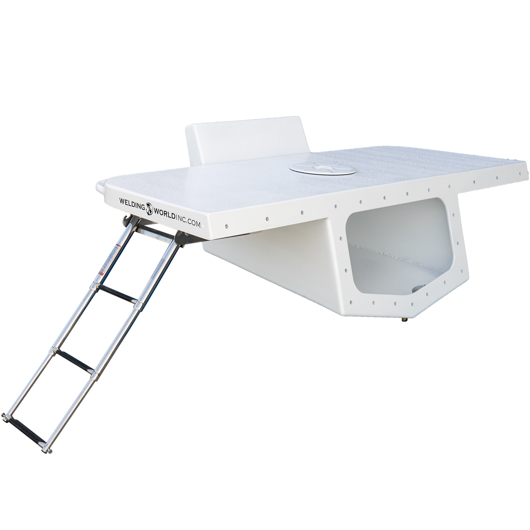 A white high flotation single outboard engine bracket with a 14° transom angle. The bracket features a rectangular opening in the center, a flat top surface with a small round object, and metal support legs extending downward at an angle. The background is transparent
