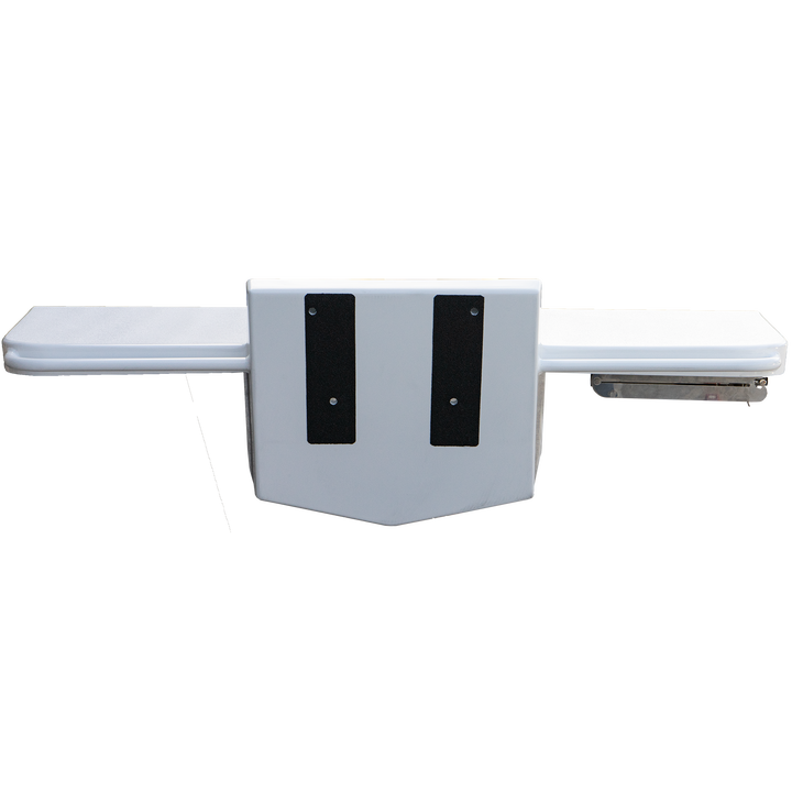 A white boat engine bracket with a central mounting plate and extended arms on both sides, designed for a 14° transom. The mounting plate has two black rectangular pads, and the background is a transparent checkerboard pattern