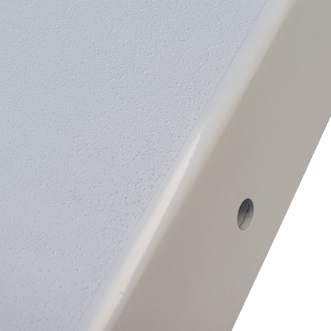 A close-up image of a white boat transom with a textured surface and a circular hole near the edge. The transom is angled at 14°, designed to accommodate a high flotation single outboard engine. The background shows a transparent checkered pattern