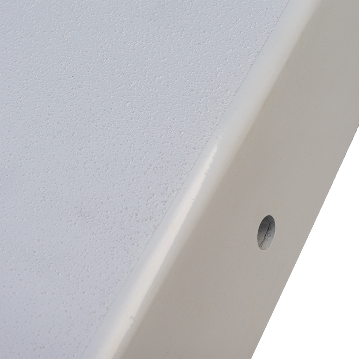 A close-up image of a white boat transom with a textured surface and a circular hole near the edge. The transom is angled at 14°, designed to accommodate a high flotation single outboard engine. The background shows a transparent checkered pattern