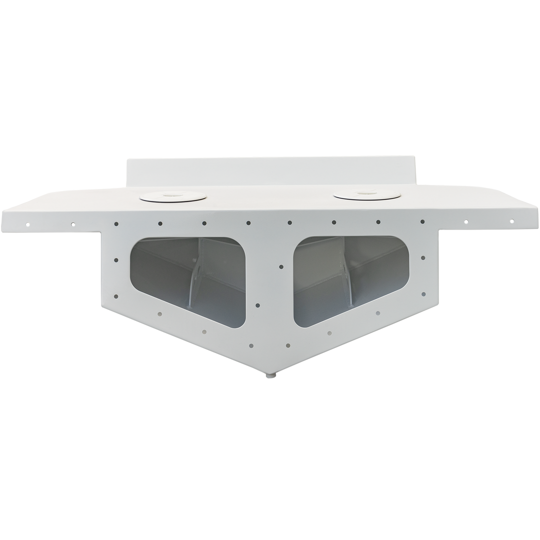 A standard high flotation twin outboard engine bracket designed for an 11° transom, featuring a flat top surface with two circular mounting plates and a V-shaped cutout at the bottom for engine support. The bracket is finished in white and has multiple holes along the edges for secure installation