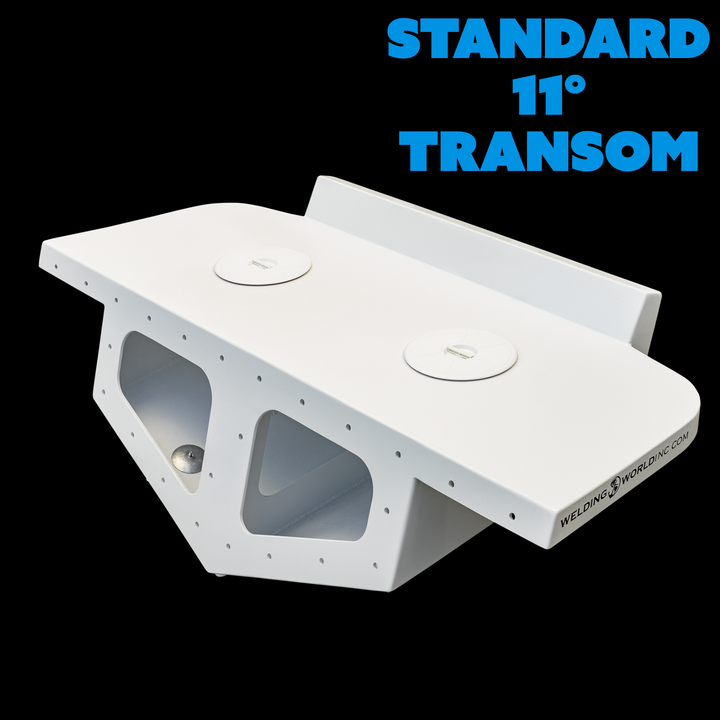 A white standard high flotation twin outboard engine bracket designed for an 11° transom, featuring two circular mounting plates and ventilation holes, displayed against a black background with bold blue text stating "STANDARD 11° TRANSOM
