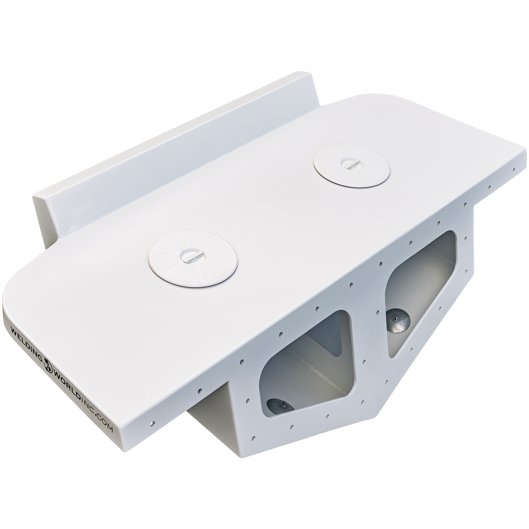 A standard high flotation twin outboard engine bracket designed for a 12° transom, featuring a white finish with two circular mounting plates and a flat surface for secure engine attachment