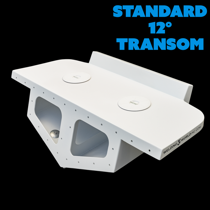 Image of a Standard High Flotation Twin Outboard Engine Bracket designed for a 12° transom. The bracket is white and features two circular cutouts for mounting engines, with a sleek, modern design. The background is black, highlighting the bracket's features