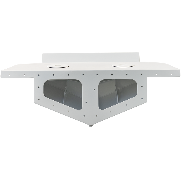 A standard high flotation twin outboard engine bracket designed for a 15° transom, featuring a white exterior with two transparent windows and multiple mounting holes along the edges. The bracket is shown against a transparent background