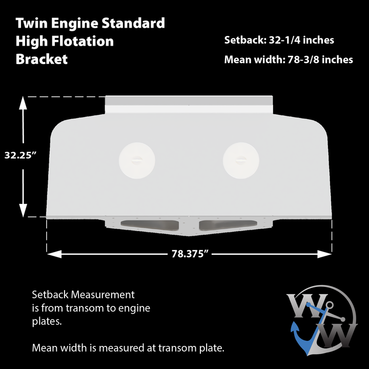 Diagram of a Twin Engine Standard High Flotation Bracket designed for a 16° transom. The bracket measures 32.25 inches in height, with a setback of 32.25 inches from the transom to the engine plates and a mean width of 78.375 inches at the transom plate. The image includes two circular cutouts for engine mounting