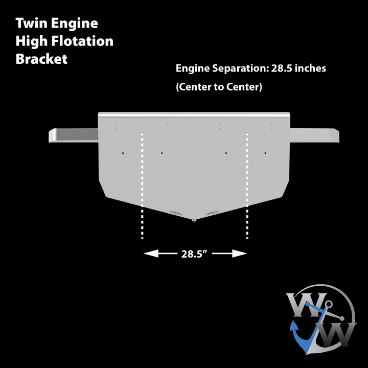 Diagram of a standard high flotation twin outboard engine bracket designed for a 16° transom. The bracket features a width of 28.5 inches from center to center for engine separation, with a flat top and tapered bottom for optimal flotation