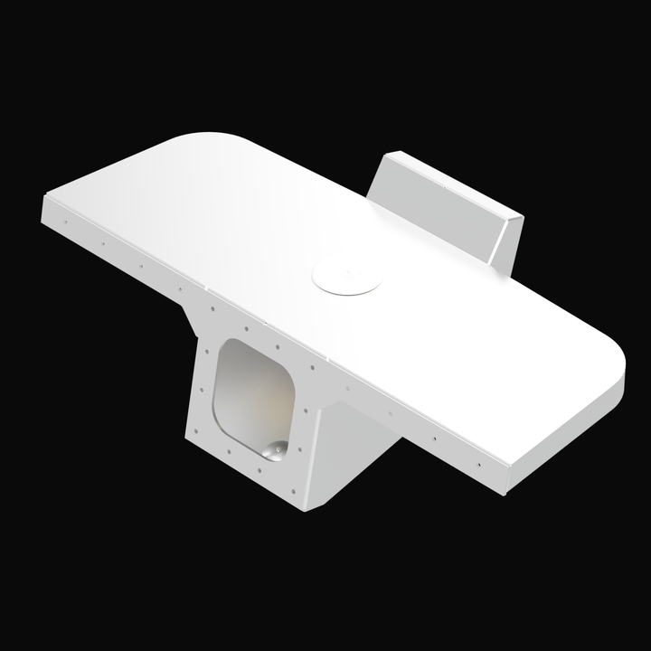 Two white fiberglass transom mounting plates for Steiger 21' Craft Block Island 2002 Apex Single Engine Bracket, showing custom-shaped profiles with multiple mounting holes and recessed areas