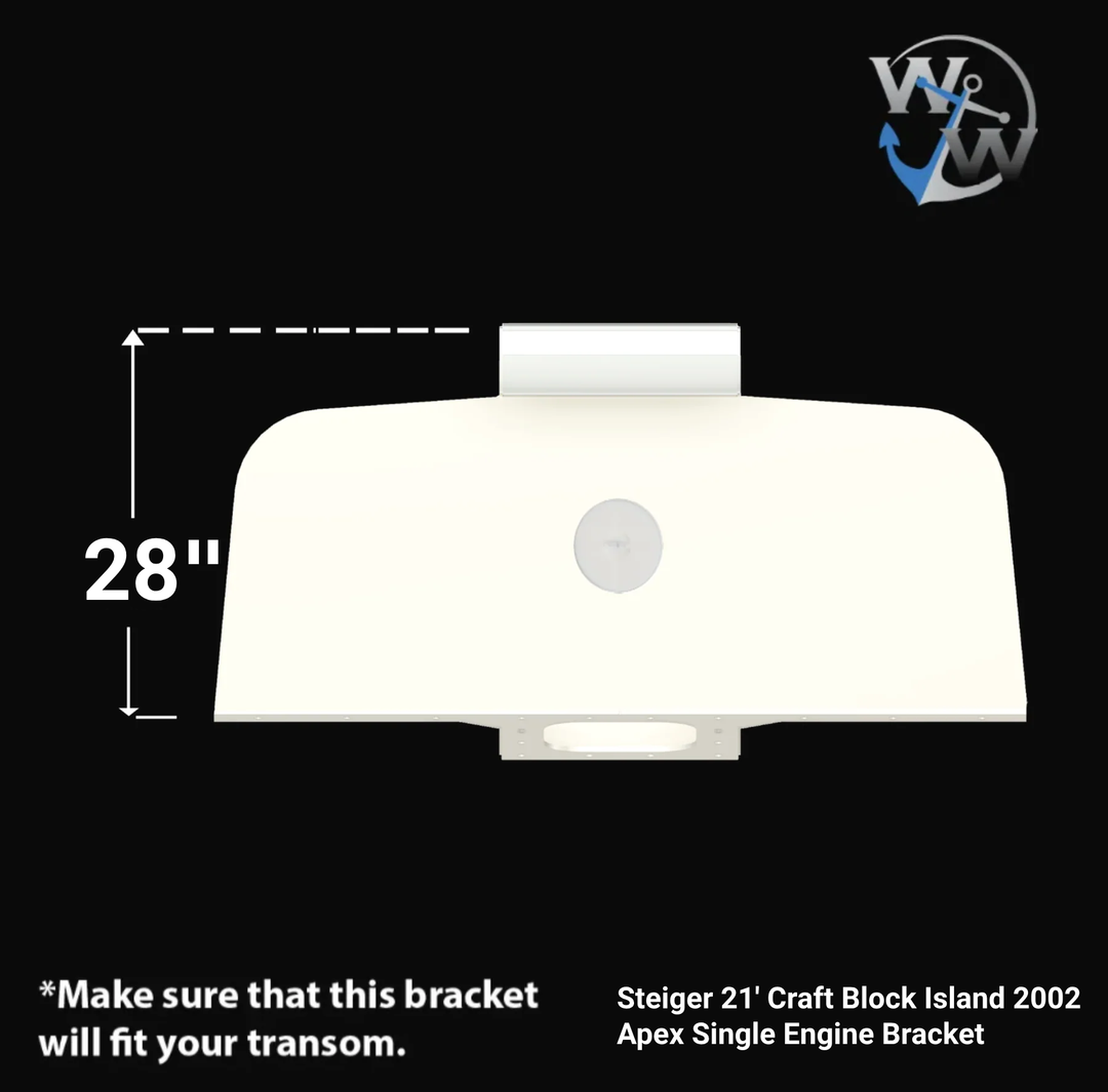 "Technical diagram showing the side profile view of a white single engine bracket with a 28-inch height measurement indicated by a vertical dimension line. The bracket has a curved, streamlined shape with mounting tabs at the top and bottom. The diagram includes the Welding World Inc logo and notes to verify transom compatibility. This is an Apex model bracket designed for a 2002 Steiger 21-foot Block Island craft."RetryClaude can make mistakes. 