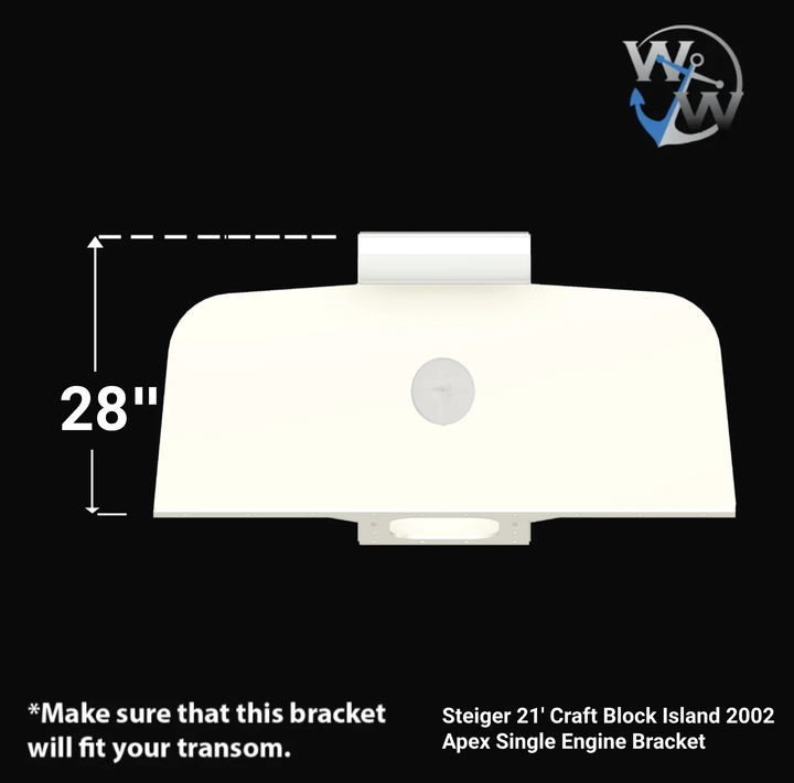 "Technical diagram showing the side profile view of a white single engine bracket with a 28-inch height measurement indicated by a vertical dimension line. The bracket has a curved, streamlined shape with mounting tabs at the top and bottom. The diagram includes the Welding World Inc logo and notes to verify transom compatibility. This is an Apex model bracket designed for a 2002 Steiger 21-foot Block Island craft."RetryClaude can make mistakes. 