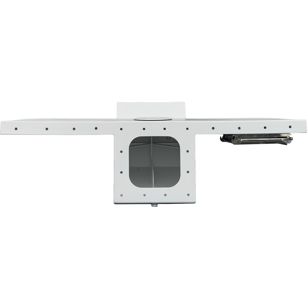 "Top-down view of a white single engine bracket showing the mounting surface with multiple bolt holes arranged around the perimeter and a central square opening revealing the hollow interior structure with internal reinforcement ribs. A stainless steel bolt is visible on the right side for scale reference. This is an Apex model bracket designed for a 2002 Steiger 21-foot Block Island craft, photographed against a transparent checkered background