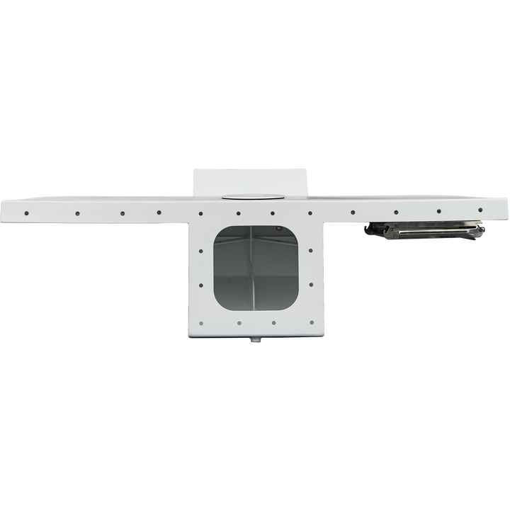"Top-down view of a white single engine bracket showing the mounting surface with multiple bolt holes arranged around the perimeter and a central square opening revealing the hollow interior structure with internal reinforcement ribs. A stainless steel bolt is visible on the right side for scale reference. This is an Apex model bracket designed for a 2002 Steiger 21-foot Block Island craft, photographed against a transparent checkered background