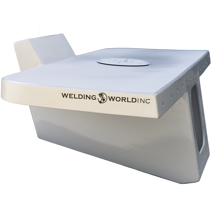 "Side perspective view of a white fiberglass single engine bracket manufactured by Welding World Inc, showing the streamlined profile and hollow construction with mounting holes visible on the top surface. The bracket displays its hydrodynamic design with smooth curves and angular support structure. This is an Apex model bracket designed for a 2002 Steiger 21-foot Block Island craft, photographed against a transparent checkered background.
