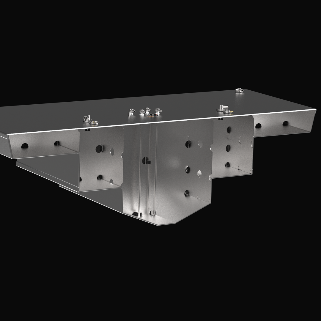 A technical cross-section 3D rendering of a highly complex, multi-tiered marine aluminum fuel tank cutaway view, detailing the elaborate internal plumbing and surge baffle architecture. The image focuses on the inner stepped chambers of a custom hull-conforming fuel cell fabricated from raw marine-grade 5052-H32 aluminum, highlighting a network of intersecting structural internal baffles with circular flow-through holes to eliminate hazardous fuel sloshing. The internal assembly details aluminum pickup tube