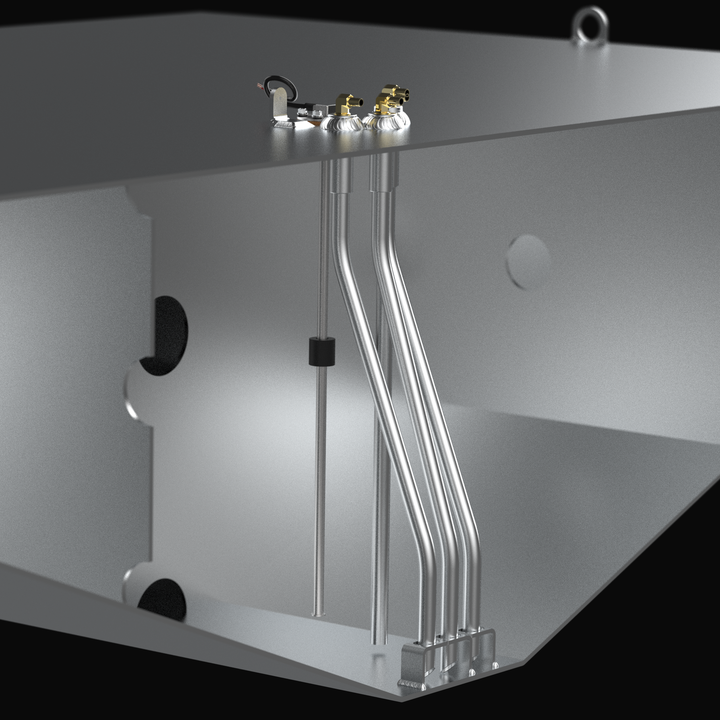 A technical cross-section 3D rendering of a deep tapered marine aluminum fuel tank cutaway view, detailing the internal plumbing and sending unit architecture. The image focuses on the inner chamber of a V-bottom hull-conforming fuel cell fabricated from raw marine-grade 5052-H32 aluminum, highlighting structural internal baffles with circular flow-through holes. The internal assembly details a three-port bank of bent aluminum pickup tubes extending down to bottom-mounted anti-slosh foot brackets, which con