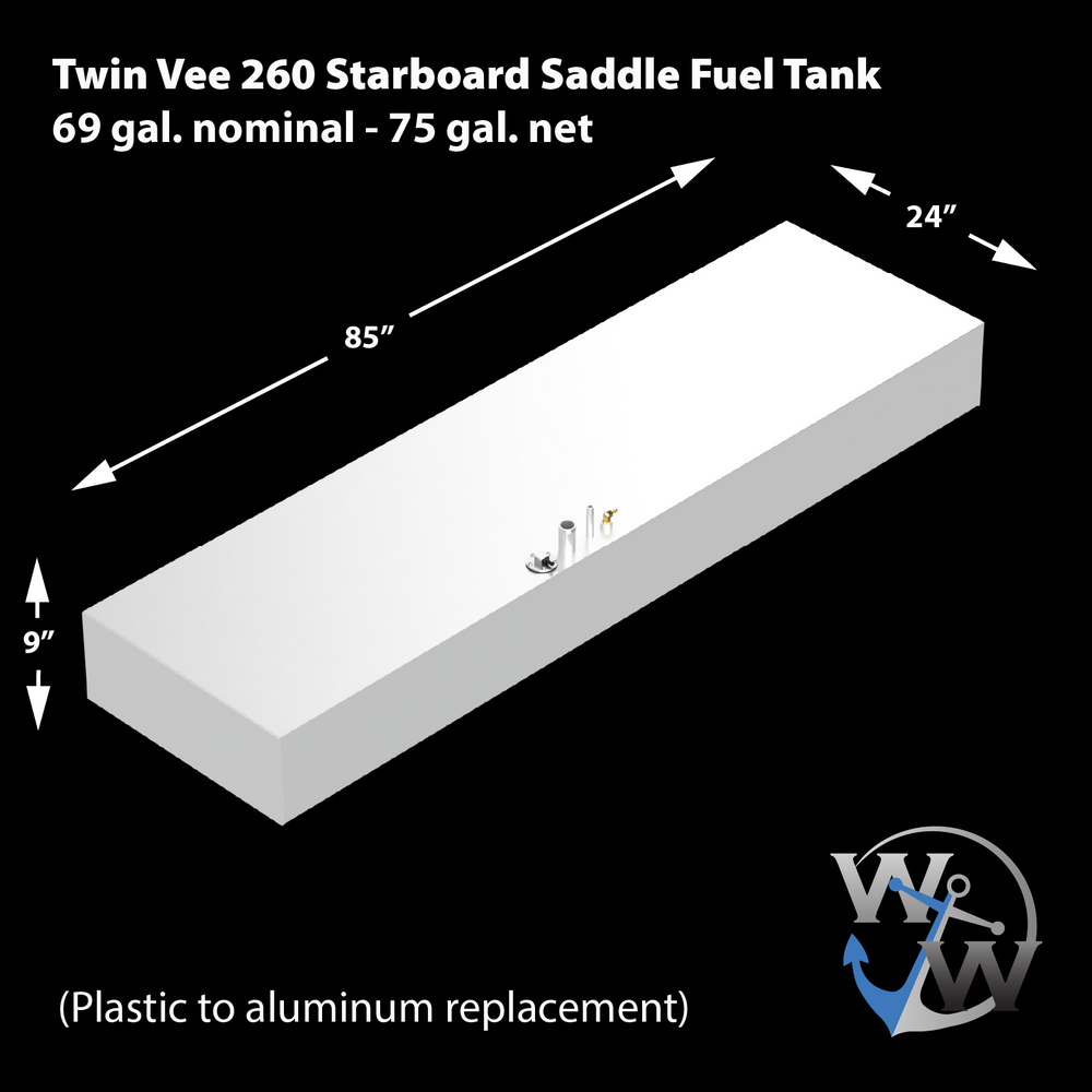 A diagram of a Twin Vee 260 Starboard Saddle Fuel Tank, 69 gallons nominal - 75 gallons net, depicted as a plain white rectangular prism against a black background. Dimensions are indicated with arrows: 85 inches in length, 9 inches in height, and 24 inches in width. The top surface of the tank features three small cylindrical fittings and a brass-colored component. Text at the bottom indicates 'Plastic to aluminum replacement'. A logo with two 'W's and an anchor is located in the bottom right corner