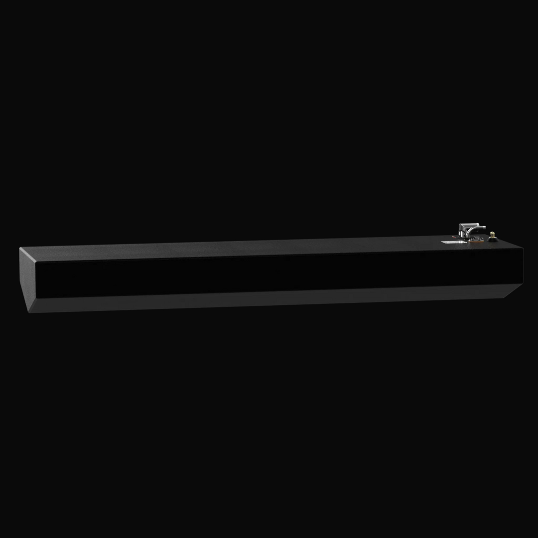 A side profile view of the Velocity 26 (2000) 80-gallon replacement fuel tank, showcasing its elongated design and professional black TarGard epoxy finish. This marine-grade 5052-H32 aluminum tank is engineered with a specialized tapered bottom to match the hull's deadrise, ensuring a guaranteed 100% drop-in fit. The image highlights the top-mounted 316 stainless steel fill and vent tubes and the integrated fuel sending unit required for a complete OEM-spec installation.