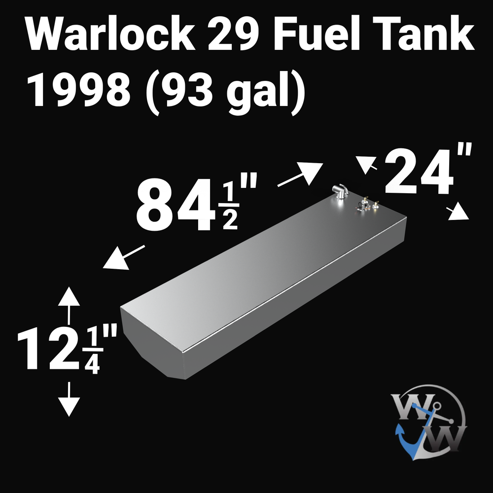 Dimensional technical diagram for a raw aluminum Warlock 29 replacement marine fuel tank featuring a 93-gallon design. The graphic displays precise technical specifications with measurements of 84-1/2" length, 24" width, and 12-1/4" height, showcasing a shallow V-hull tapered bottom configuration designed to match the vessel's hull contour perfectly. The top deck displays an unsealed variant layout complete with a 90-degree fuel fill pipe, an integrated vent line connection, an electronic sending unit mount