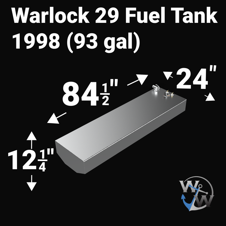 Dimensional technical diagram for a raw aluminum Warlock 29 replacement marine fuel tank featuring a 93-gallon design. The graphic displays precise technical specifications with measurements of 84-1/2" length, 24" width, and 12-1/4" height, showcasing a shallow V-hull tapered bottom configuration designed to match the vessel's hull contour perfectly. The top deck displays an unsealed variant layout complete with a 90-degree fuel fill pipe, an integrated vent line connection, an electronic sending unit mount